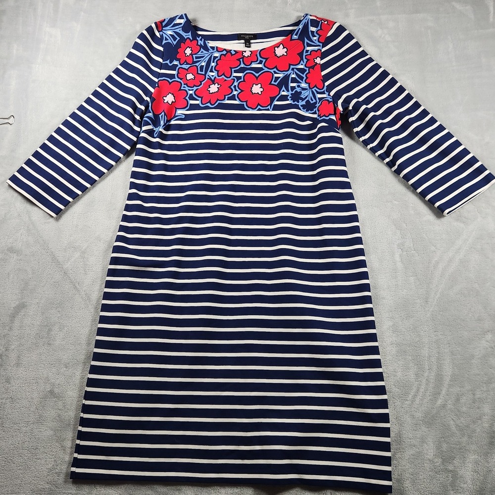 Talbots 3/4 Sleeve Scoop Neck Shift Dress Blue Striped Floral Neck Line Size MP